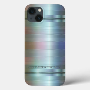 Metallisches Blaugraues Streifen-Muster Monogramm Case-Mate iPhone Hülle