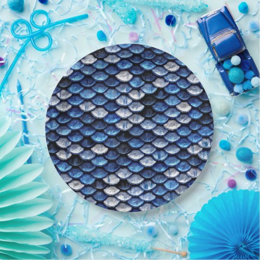 Metallisches Cobalt Blue Fish Scales Muster Pappteller (Party)