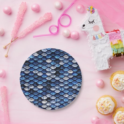 Metallisches Cobalt Blue Fish Scales Muster Pappteller (Party)