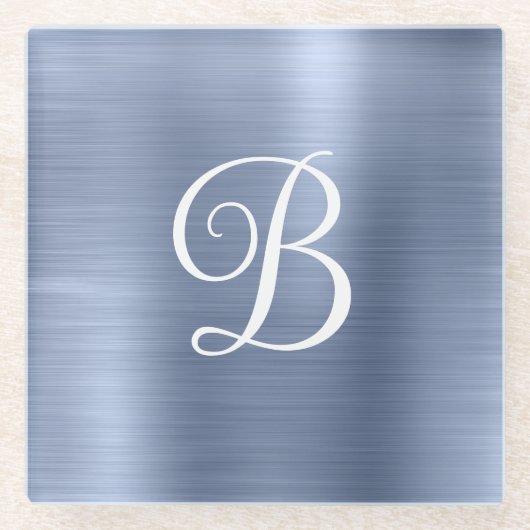 Metallisches Dusty Blue Curly Monogram Glasuntersetzer (Vorderseite)