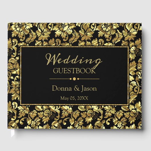 Metallisches Gold Damask Muster Gästebuch (Vorderseite)