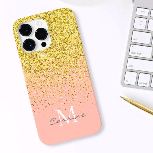 Metallisches Gold Glitzer Regen + Rose Quarzmonogr Case-Mate iPhone Hülle