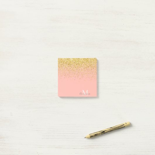 Metallisches Gold Glitzer Regen + Rose Quarzmonogr Post-it Klebezettel (Auf Schreibtisch)