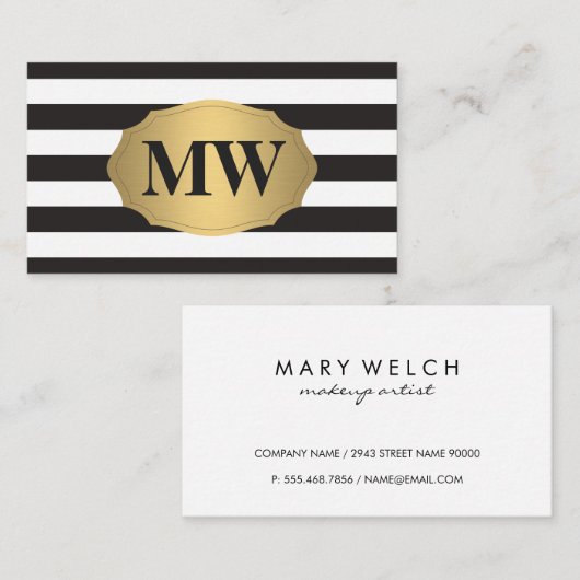 Metallisches Gold Label Schwarz-weiß Stripes Monog Visitenkarte (Vorne/Hinten)