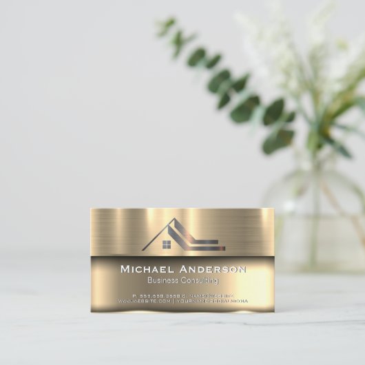 Metallisches Gold | Metal-Real-Anwesen-Logo Visitenkarte (Stehend Vorderseite)