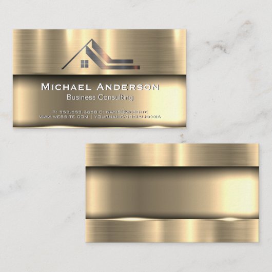 Metallisches Gold | Metal-Real-Anwesen-Logo Visitenkarte (Vorne/Hinten)