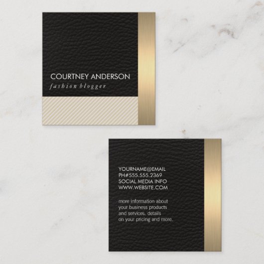 Metallisches Gold Trim und Leder mit Streifen Quadratische Visitenkarte (Vorne/Hinten)