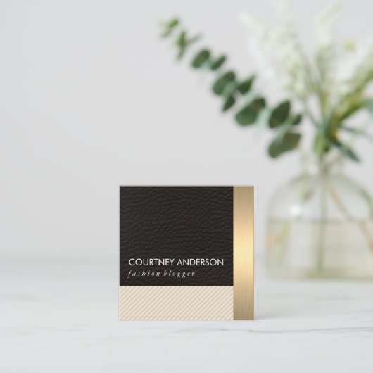 Metallisches Gold Trim und Leder mit Streifen Quadratische Visitenkarte (Stehend Vorderseite)