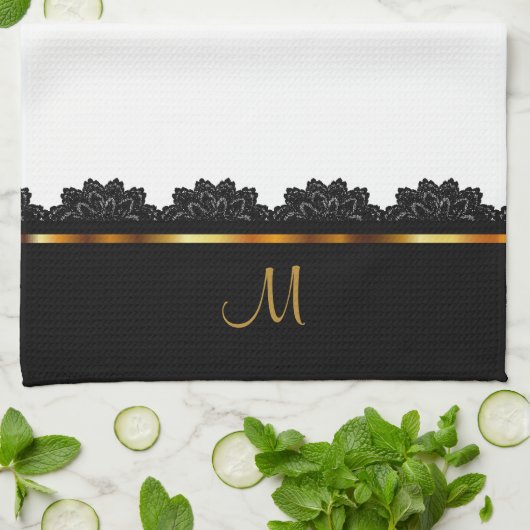 Metallisches Gold u. hübsche schwarze Spitze Geschirrtuch (Gefaltet)