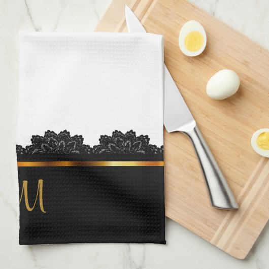 Metallisches Gold u. hübsche schwarze Spitze Geschirrtuch (Viertel Falte)