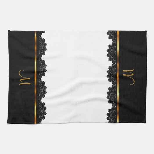 Metallisches Gold u. hübsche schwarze Spitze Geschirrtuch (Horizontal)