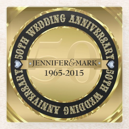 Metallisches Gold und 2 Herz 50 Jahre 2 Glasuntersetzer (Vorderseite)