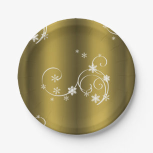 Metallisches Gold, weiße Wirbel Weihnachten Pappteller