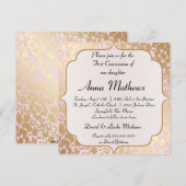 Metallisches goldenes Rosen-Rosa-erste Kommunion Einladung (Vorne/Hinten)