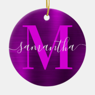 Metallisches Magenta Lila Signature Monogram Foto Keramik Ornament