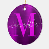 Metallisches Magenta Lila Signature Monogram Foto Keramik Ornament (Links)