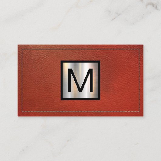 Metallisches Monogramm-Banner | Rotes Leder Visitenkarte (Vorderseite)