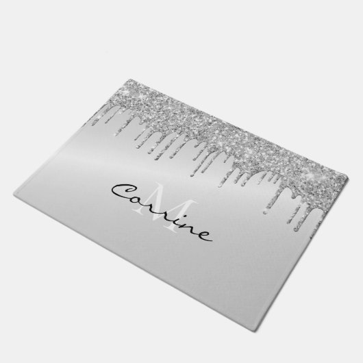 Metallisches Platin-Monogramm-Silber-Drift-Glitzer Fußmatte (Schrägansicht)