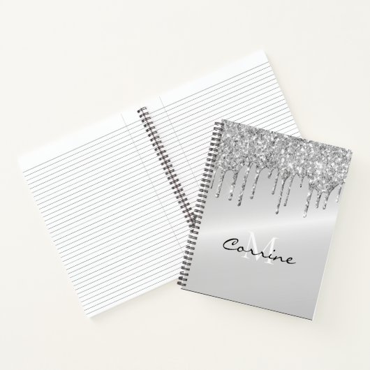 Metallisches Platin-Monogramm-Silber-Drift-Glitzer Notizblock (Innenseite)