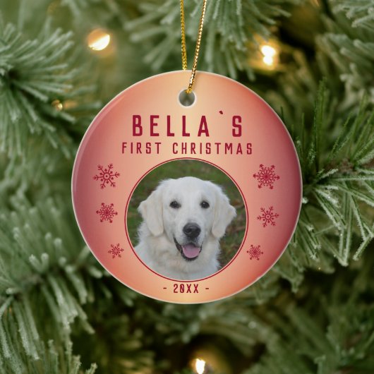 Metallisches Red Snowflake Puppy Foto Keramik Ornament (Baum)