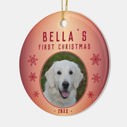 Metallisches Red Snowflake Puppy Foto Keramik Ornament (Links)