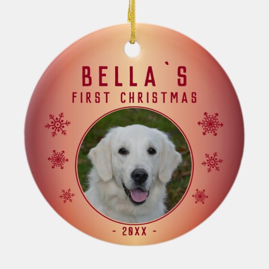 Metallisches Red Snowflake Puppy Foto Keramik Ornament (Hinten)