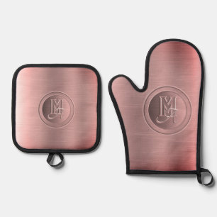 Metallisches Rosa Stahl Graviertes Monogramm Ofenhandschuh & Topflappen-Set