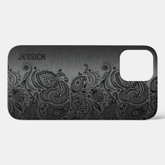 Metallisches Schwarz mit schwarzer Paisley-Spitze Case-Mate iPhone Hülle (Rückseite (Horizontal))