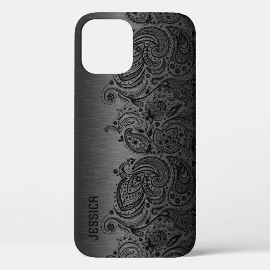 Metallisches Schwarz mit schwarzer Paisley-Spitze Case-Mate iPhone Hülle (Rückseite)