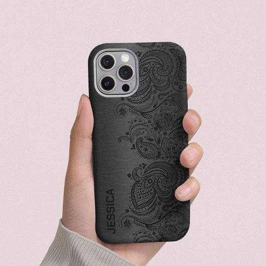 Metallisches Schwarz mit schwarzer Paisley-Spitze Case-Mate iPhone Hülle