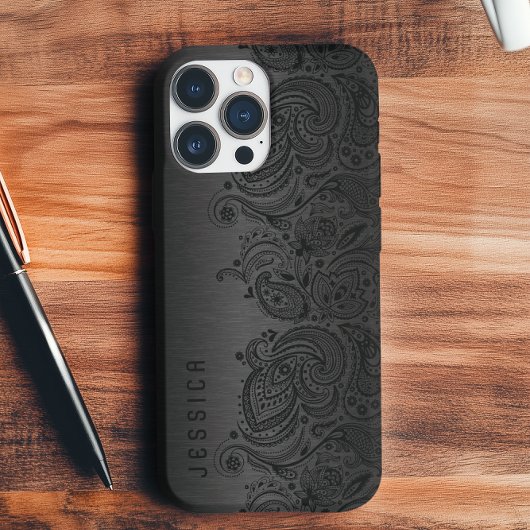 Metallisches Schwarz mit schwarzer Paisley-Spitze Case-Mate iPhone Hülle