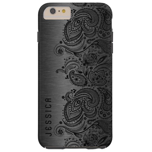 Metallisches Schwarz mit schwarzer Paisley-Spitze Case-Mate iPhone Hülle (Rückseite)