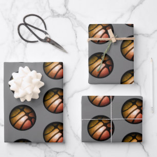 Metallisches Schwarz Orange Basketball Ball Sport  Geschenkpapier Set