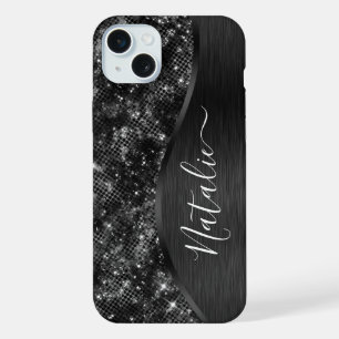 Metallisches schwarzes Glitter personalisiert iPhone 15 Plus Hülle