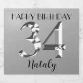 Metallisches Silber 34. Geburtstag Schaumweinetikett (Einzelnes Label)