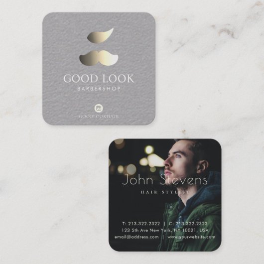 Metallisches Silber und Golden Mustache Haar Barbe Quadratische Visitenkarte (Vorne/Hinten)