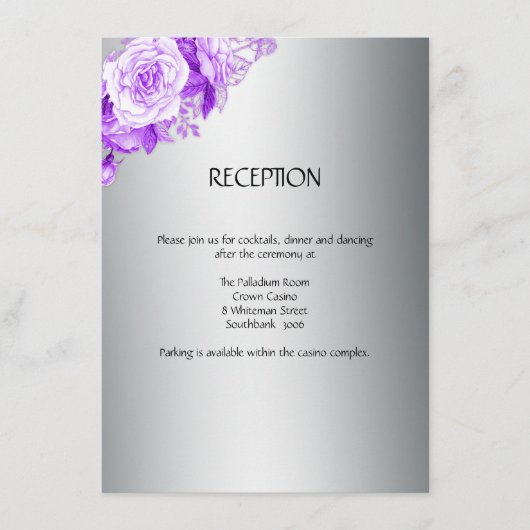 Metallisches Silber und Lila Rose Bouquet Wedding Begleitkarte (Vorderseite)