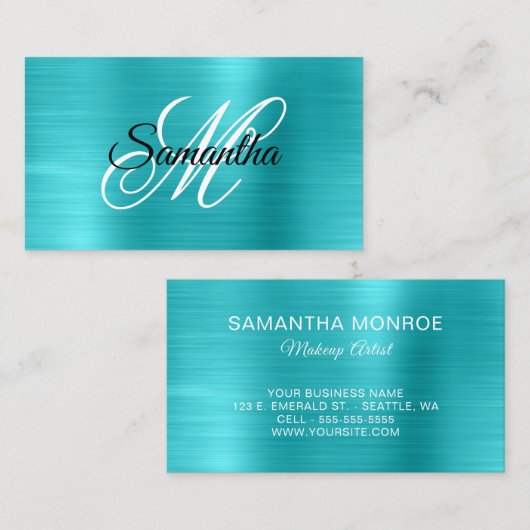 Metallisches Türkisblau Extravagantes Monogramm Visitenkarte (Vorne/Hinten)
