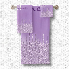 Metallisches Violett Lila Driften Glitzer Monogram Badhandtuch Set