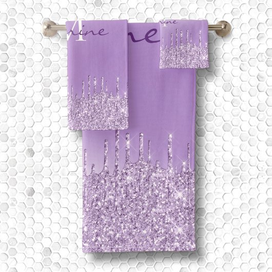 Metallisches Violett Lila Driften Glitzer Monogram Badhandtuch Set