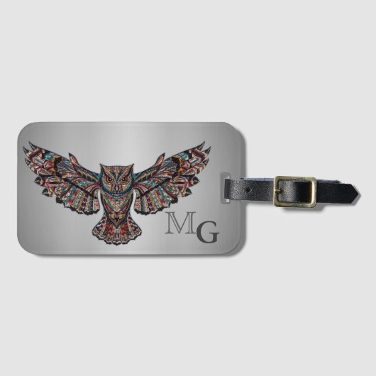 Metallisierte Eulen-Kunst-Monogramm Gepäckanhänger (Vorderseite (Horizontal))