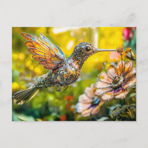 Metallkolibri im Flug auf einer Blume Postkarte