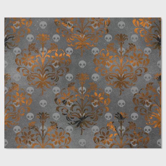Metallorange Damast und Schädel Geschenkpapier (Flach)