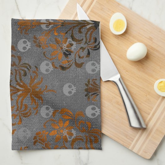 Metallorange Damast und Schädel Geschirrtuch (Viertel Falte)