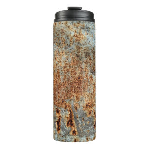 Metallstruktur mit Kratzern und Rissen. Vintage d Thermosbecher