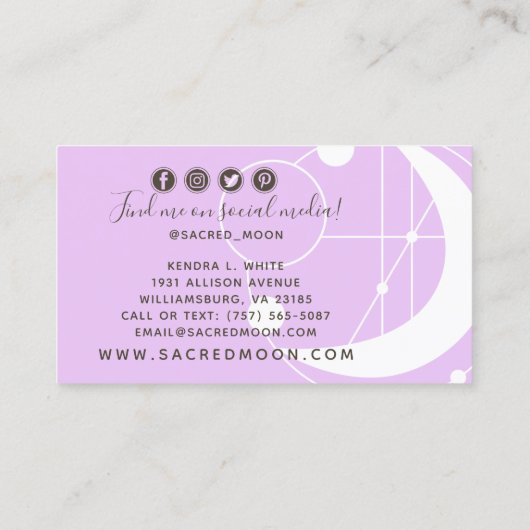 Metaphysischer Mond Minimalistische Lila soziale M Visitenkarte (Rückseite)