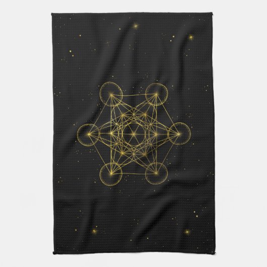 Metatron's Cube Heilige Geometrie Schwarz und Gold Geschirrtuch (Vertikal)