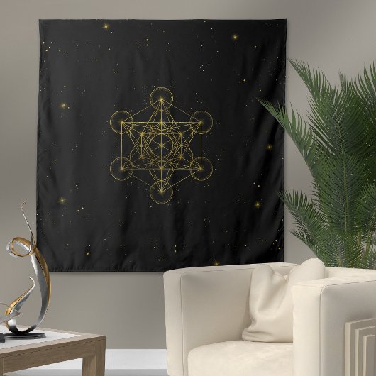 Metatron's Cube Sacred Geometry Black and Gold Wandteppich