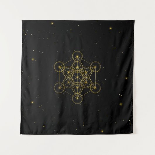 Metatron's Cube Sacred Geometry Black and Gold Wandteppich (Vorderseite)