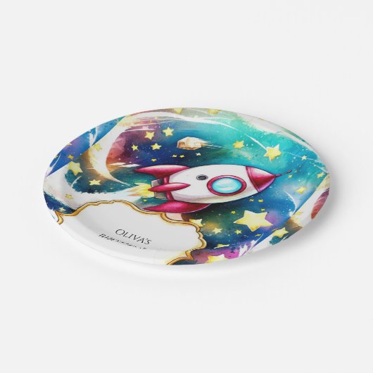 Meteor Pastel Rocket Geburtstag Pappteller (Schrägansicht)